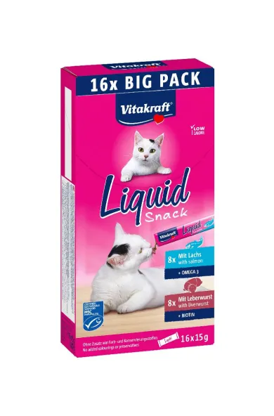 VITAKRAFT LIQUID SNACK MULTIPACK WITH LIVER SAUSAGE/BIOTIN & SALMON 16X15G
