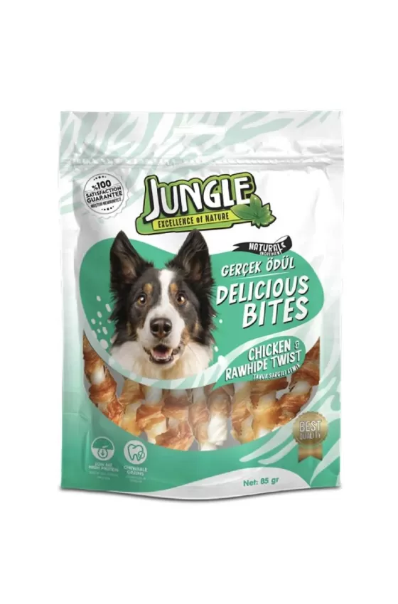 Jungle Bleached Rawhide With Chicken & Jerky Twists Dog Treat - 85g