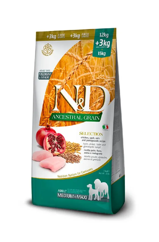 Farmina N&D DOG ANCESTRAL Grain  Chicken, Spelt, Oats & Pomegrenate  ADULT Medium & MAXI  15Kg