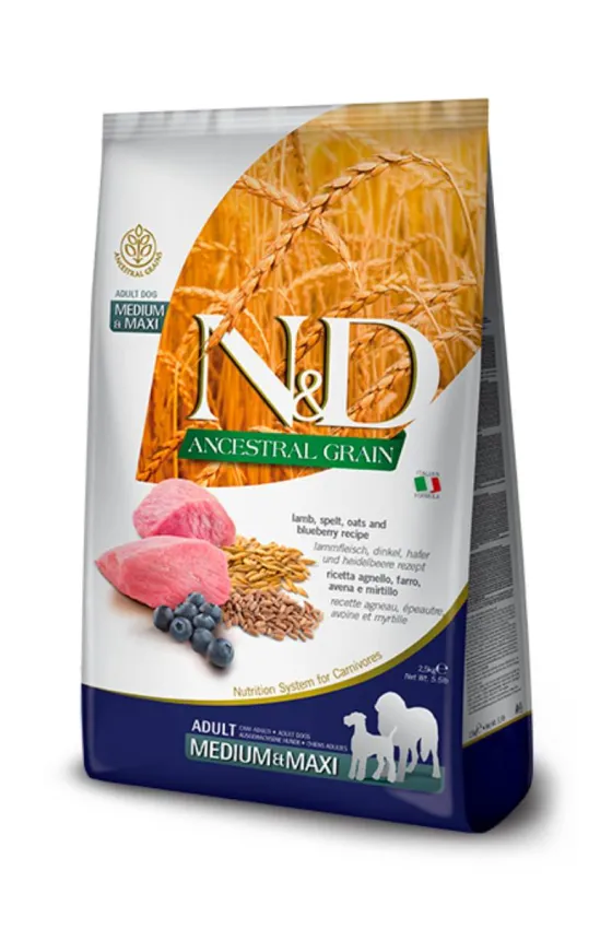 Farmina N&D DOG Ancestral Grain LAMB, Spelt, Oats & BLUBERRY ADULT Medium & Maxi KG 12