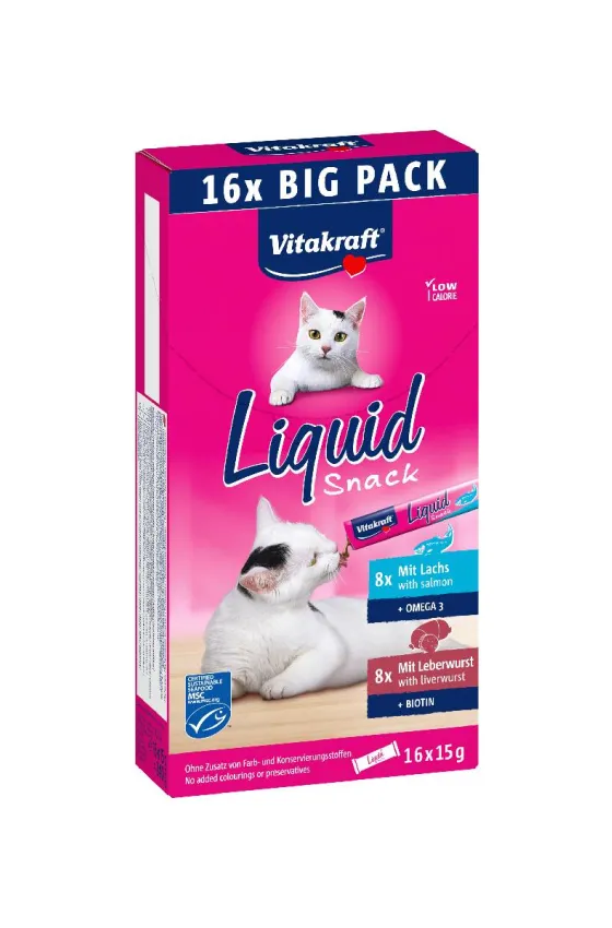VITAKRAFT LIQUID SNACK MULTIPACK WITH LIVER SAUSAGE/BIOTIN & SALMON 16X15G